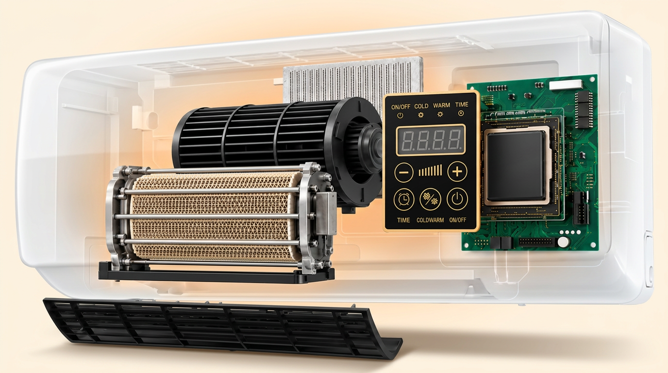 Inside the Cozy Cove Pro: ceramic heating element, fan and control board